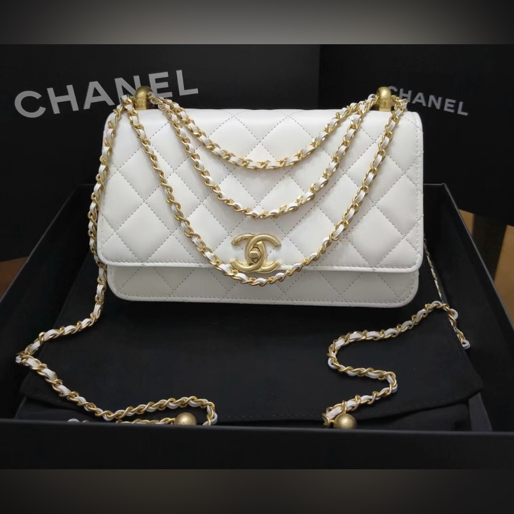 Chanel 24C white WOC with double small gold balls